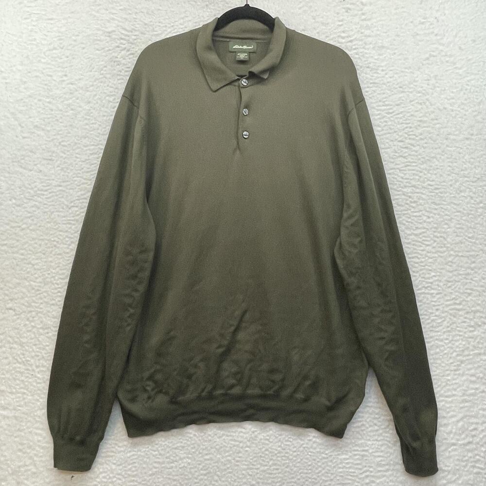 Eddie Bauer Polo Sweater Mens XL Olive Knit Cotton Cashmere Blend Pullover